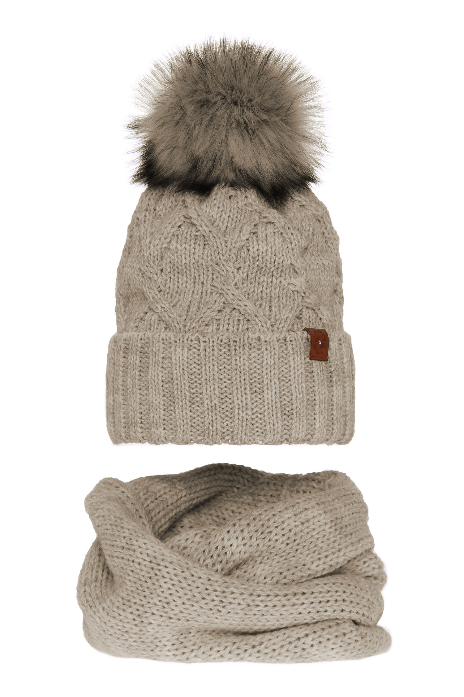 Komplet zimowy damski: czapka i komin beżowy Kreacja
