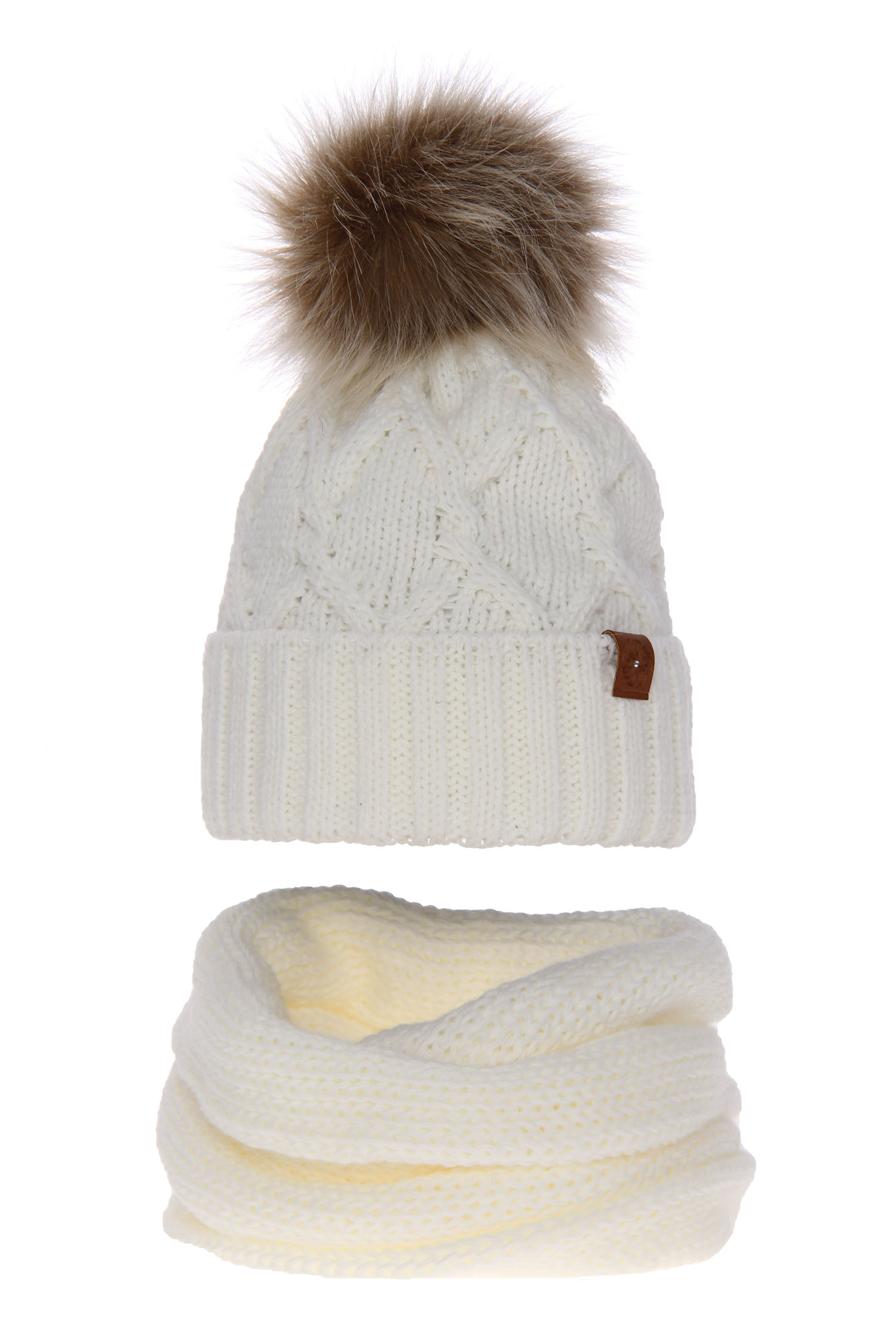 Komplet zimowy damski: czapka i komin kremowy Kreacja