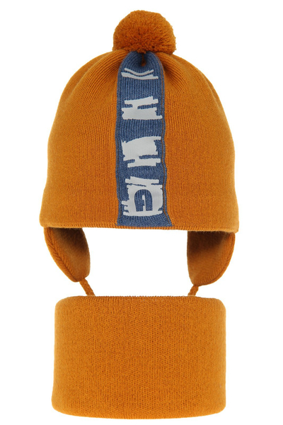 Boy's spring/ autumn set: hat and tube scarf orange Saper with pompom 