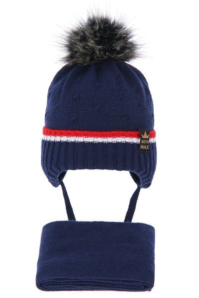Boy's winter set: hat and scarf navy blue Pierot with pompom