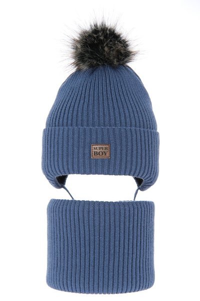 Boy's winter set: hat and tube scarf blue Denzel with pompom