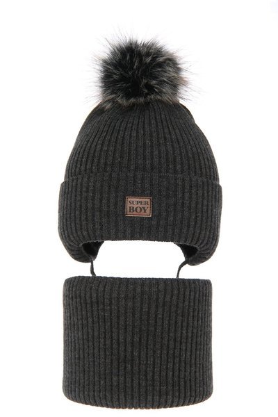 Boy's winter set: hat and tube scarf grey Denzel with pompom