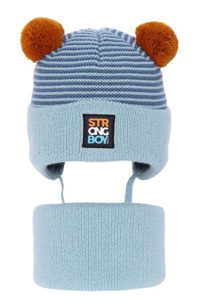 Boy's winter set: hat and tube scarf light blue Turbot with two pompom  