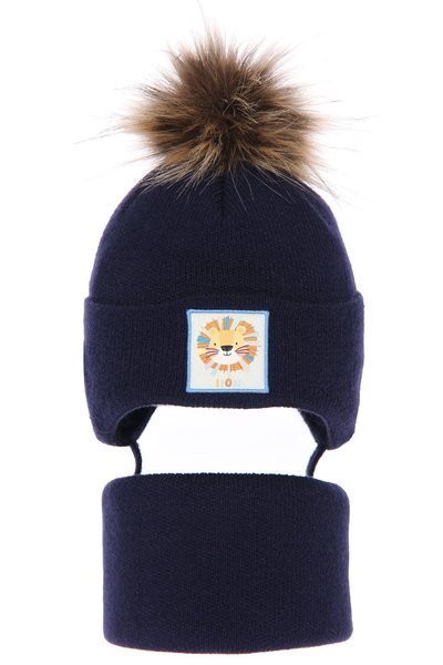 Boy's winter set: hat and tube scarf navy blue Neapol with pompom