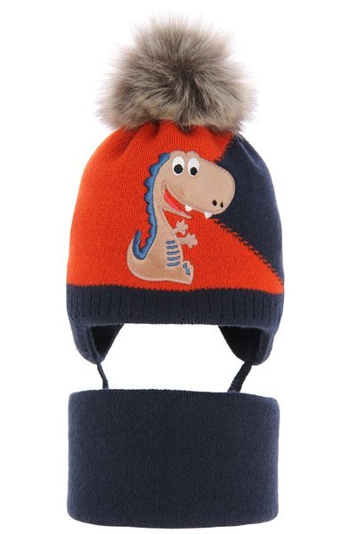 Boy's winter set: hat and tube scarf navy blue Rabel with pompom