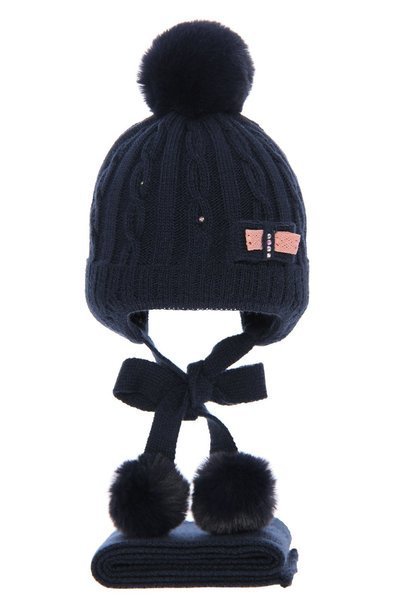 Girl's winter set: hat and scarf navy blue Welwet with pompom