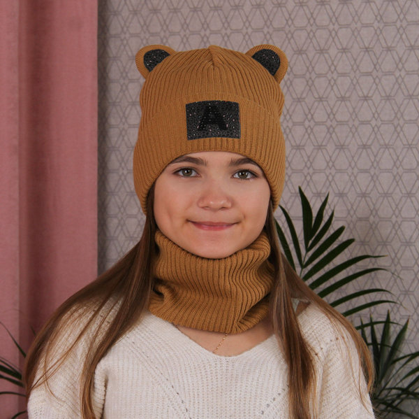 Girl's winter set: hat and tube scarf camel Romka