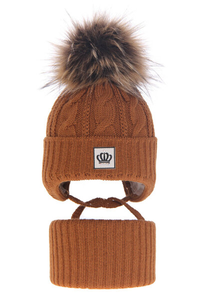 Girl's winter set: hat and tube scarf camel Tigra with pompom