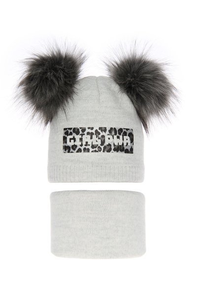 Girl's winter set: hat and tube scarf grey Marietta with two pompom