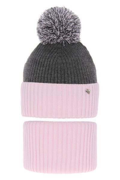 Girl's winter set: hat and tube scarf pink Kolumbina with pompom