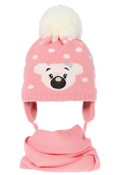 Girl's winter set: hat and tube scarf pink Siena with pompom