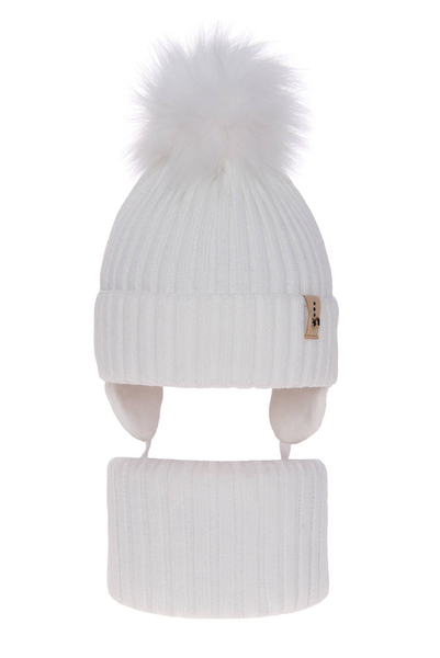 Girl's winter set: hat and tube scarf white Preria with pompom