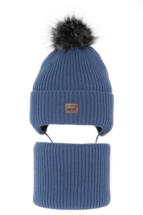 Boy's winter set: hat and tube scarf blue Denzel with pompom