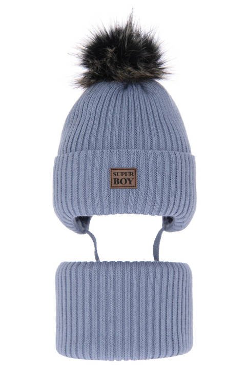 Boy's winter set: hat and tube scarf light blue Denzel with pompom