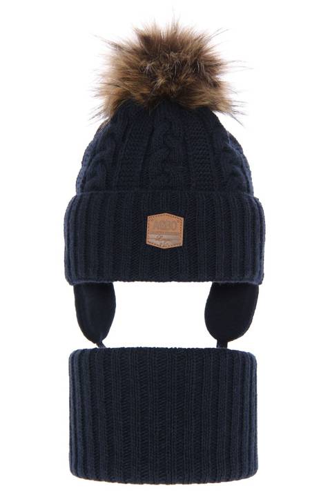 Boy's winter set: hat and tube scarf navy blue Duet with pompom