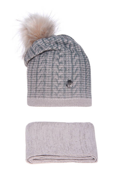 Girl`s winter set hat with pompom and scarf beige Asta