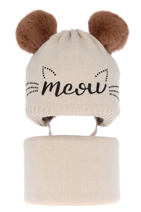Girl's winter set: hat and tube scarf beige Betka with two pompom