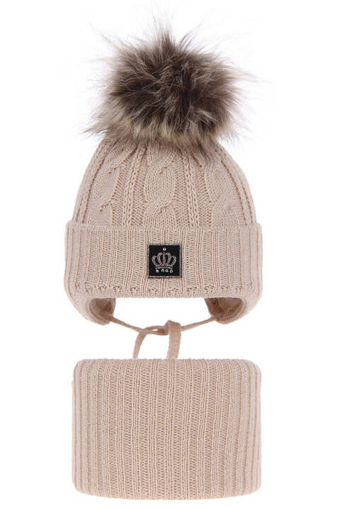 Girl's winter set: hat and tube scarf beige Tigra with pompom