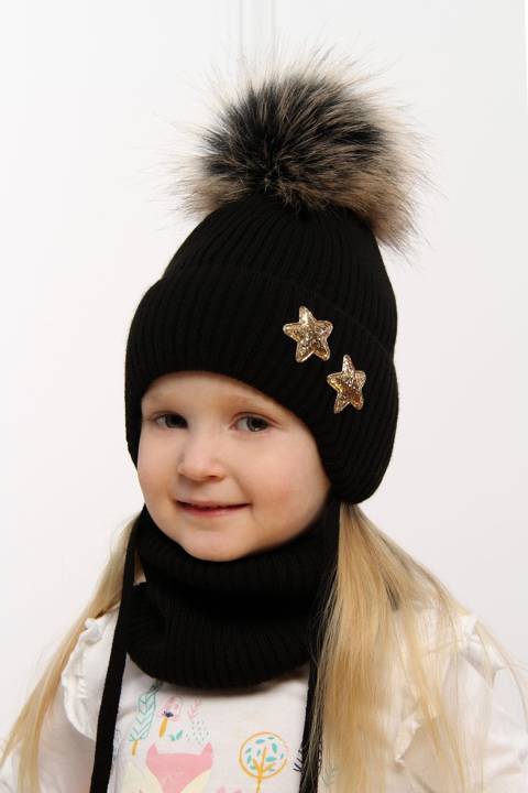 Girl's winter set: hat and tube scarf black Delicja with pompom 