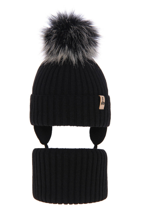 Girl's winter set: hat and tube scarf black Preria with pompom