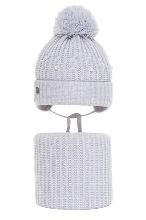 Girl's winter set: hat and tube scarf grey Fortuna with pompom