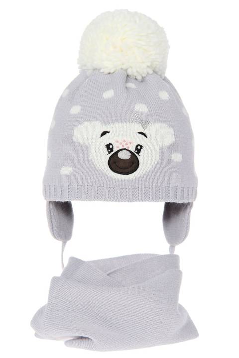 Girl's winter set: hat and tube scarf grey Siena with pompom