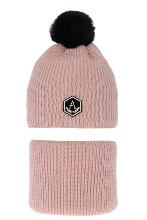 Girl's winter set: hat and tube scarf pink Franka with pompom