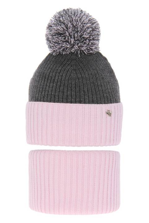 Girl's winter set: hat and tube scarf pink Kolumbina with pompom