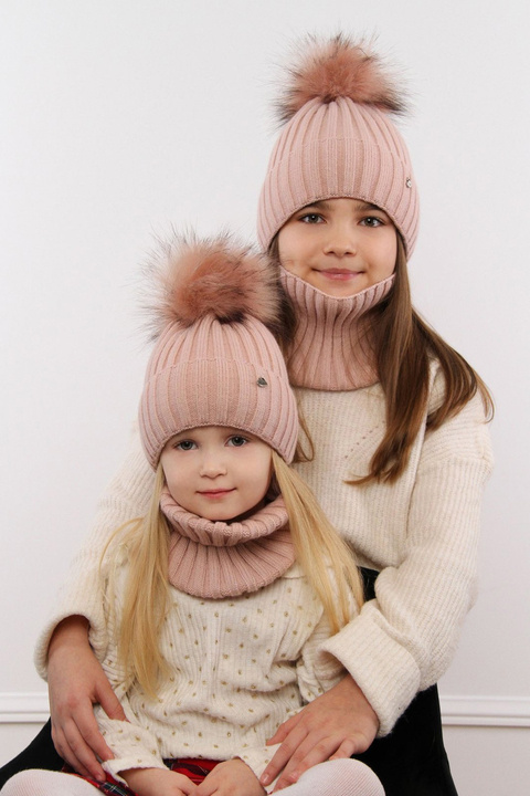 Girl's winter set: hat and tube scarf pink Wilma with pompom