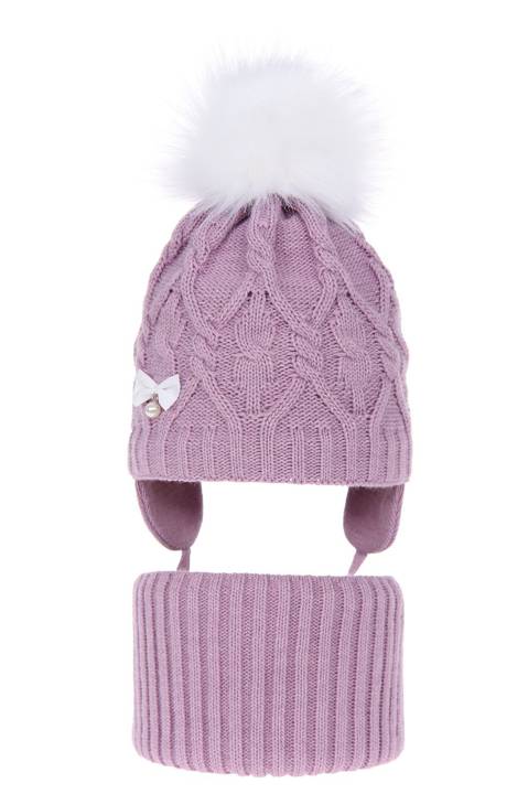 Girl's winter set: hat and tube scarf violet Julia with pompom