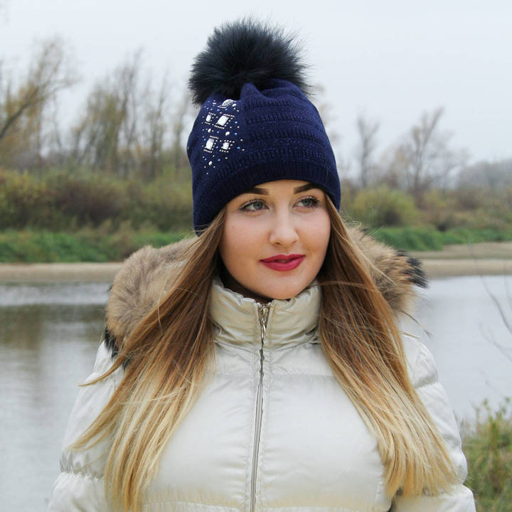 Woman's winter hat navy blue Kometa with pompom