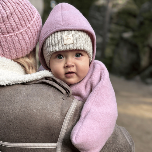 Czapka zimowa dla dziewczynki, jasnoróżowa, 100% wełniana merino, wiązana, podszyta wełnianym polarem Havana