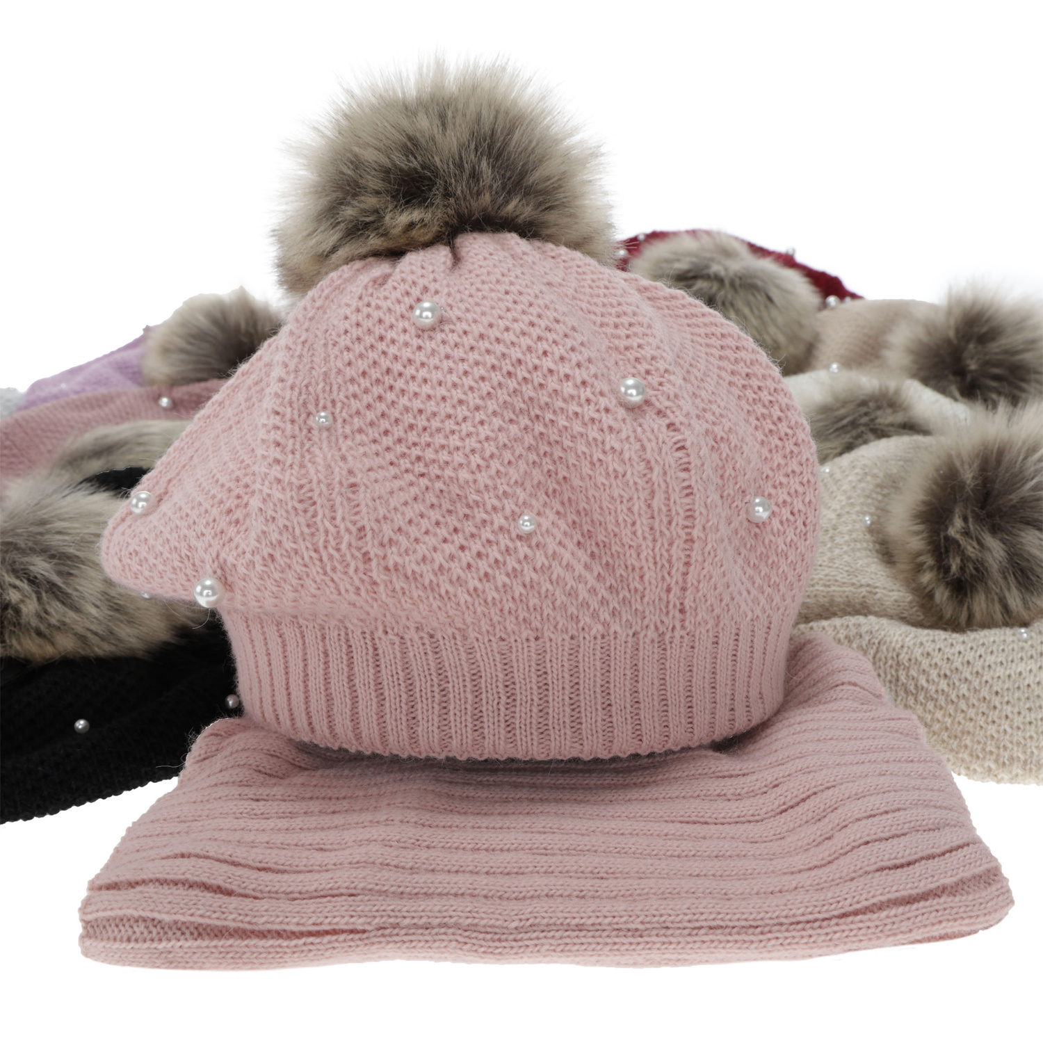 Beret i komin dla dziewczynki, zimowy komplet podszyty polarem, fioletowy, z pomponem Jeanette