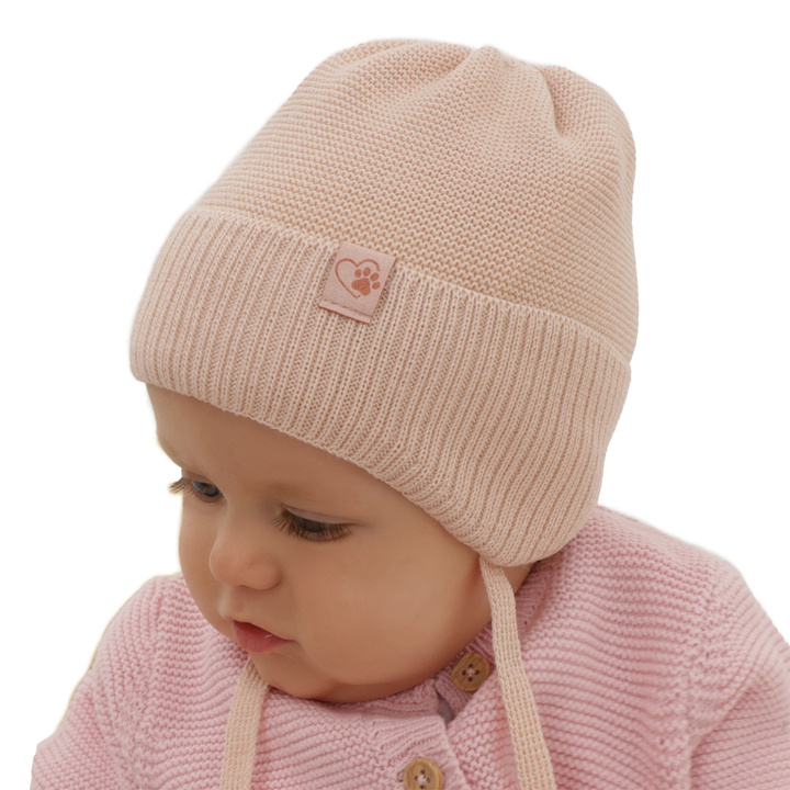 Czapka zimowa dla dziewczynki, morelowa, wiązana, z wełną merino Dari