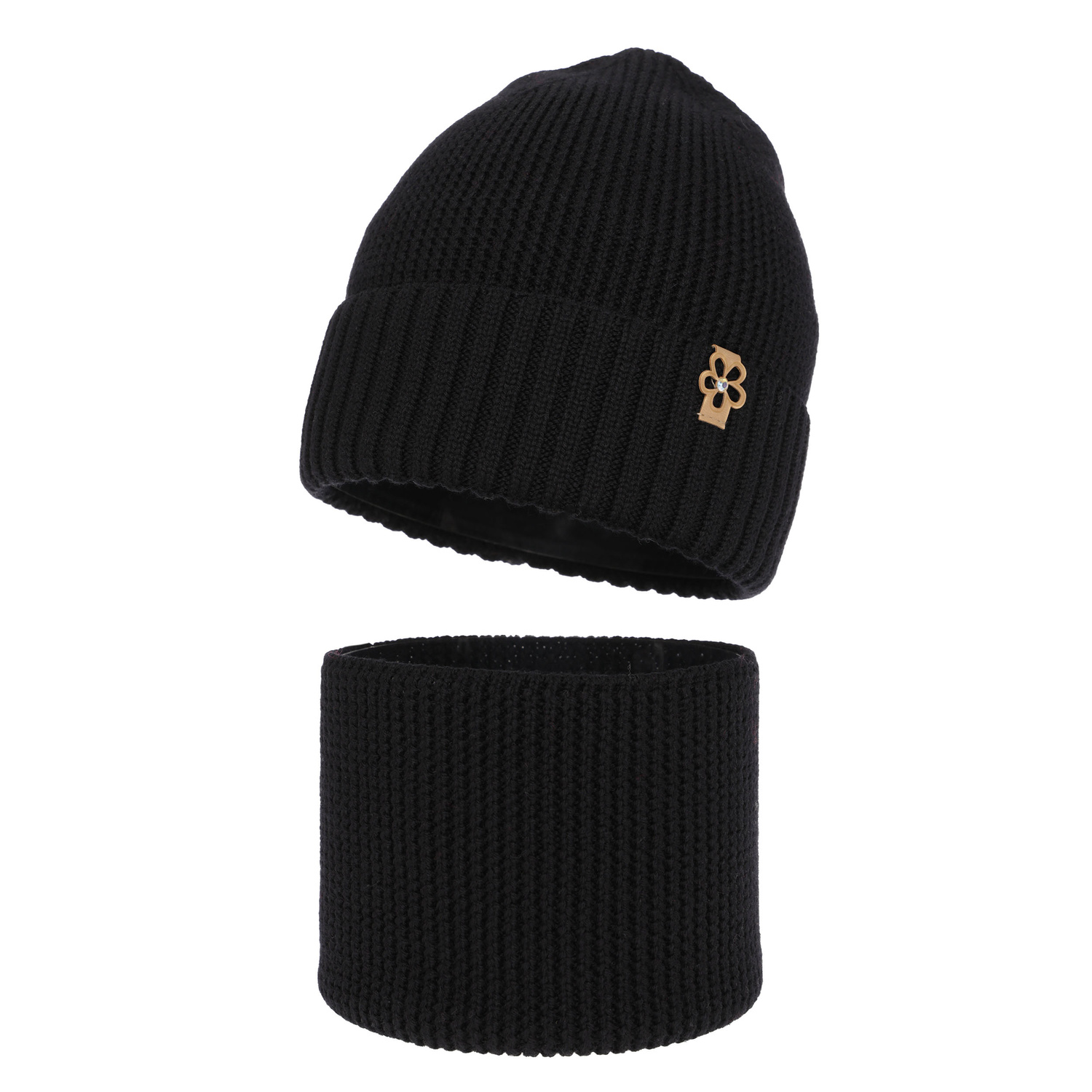 Czapka i komin dla dziewczynki zimowy komplet, czarny, 100% wełniana merino Nelita
