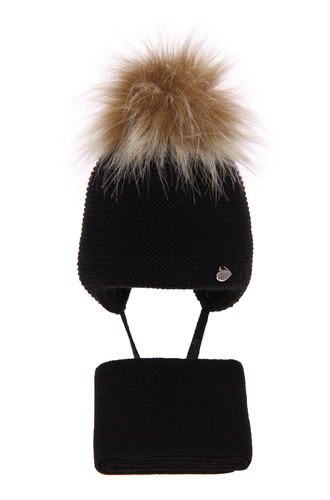 Czapka i szalik dla dziewczynki zimowy komplet, czarny, z pomponem Aimi