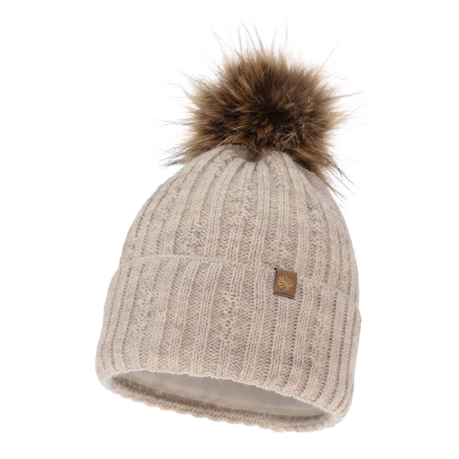 Czapka zimowa damska, beżowa, z pomponem Savona