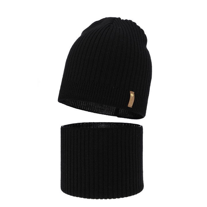 Czapka i komin dla dziewczynki jesienny, wiosenny komplet, czarny, 100% wełniana merino Chelsie