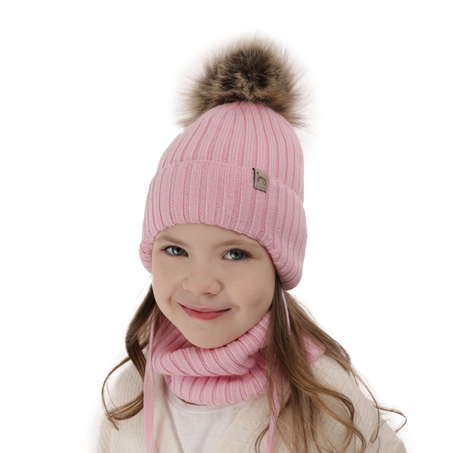 Czapka i komin dla dziewczynki zimowy komplet, różowy, 100% wełniany merino, wiązany Junika