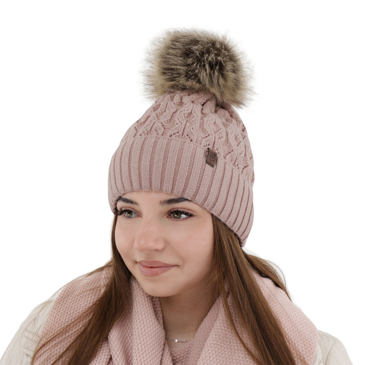 Czapka zimowa damska, różowa, z pomponem, Katty