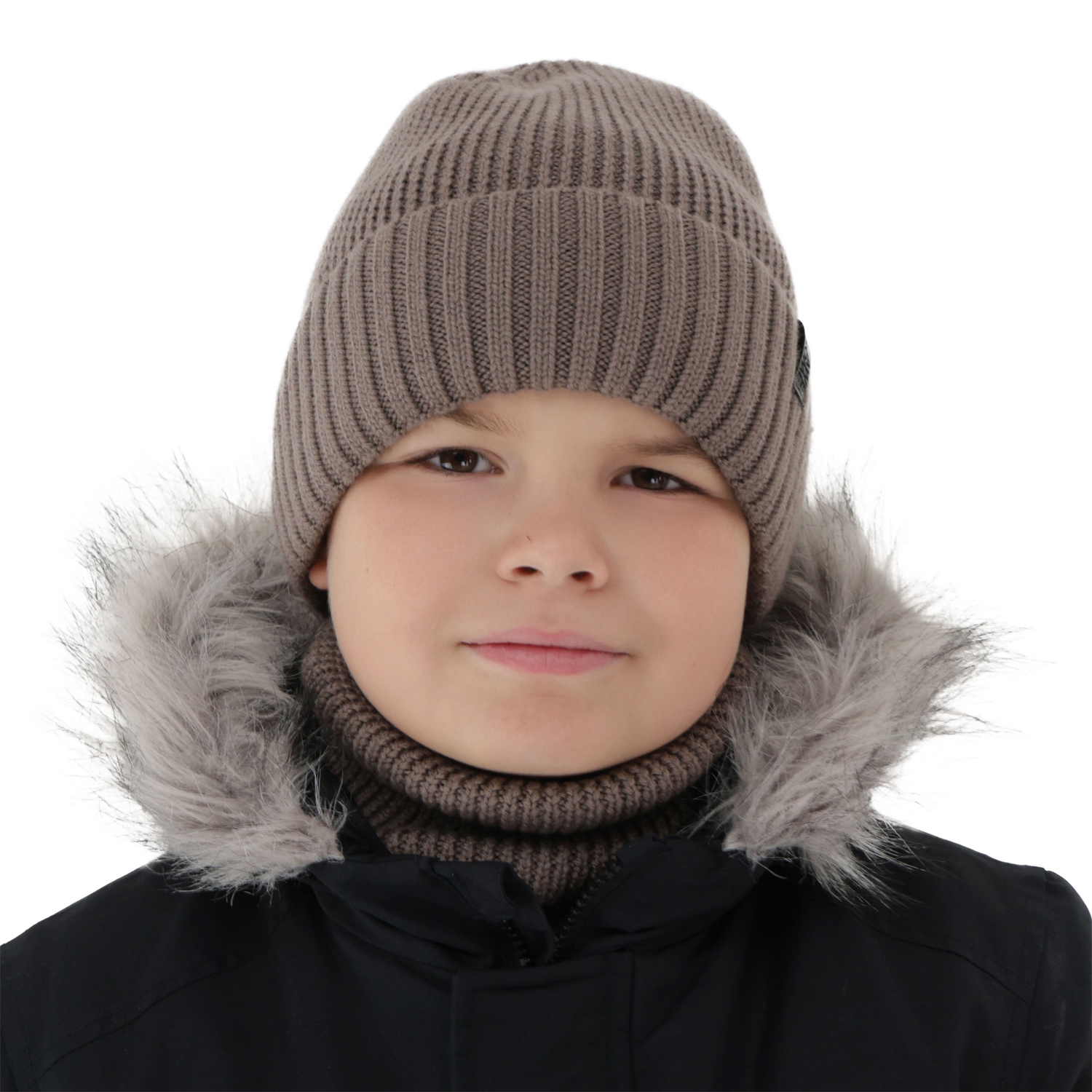 Czapka i komin dla chłopca, zimowy komplet, 100% wełniany merino, z podszyciem z wełny merino, brązowy Harbin