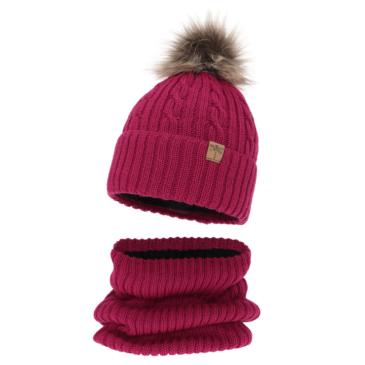 Czapka i komin dla dziewczynki zimowy komplet, amarantowy, z pomponem, wełniany merino Aprilia