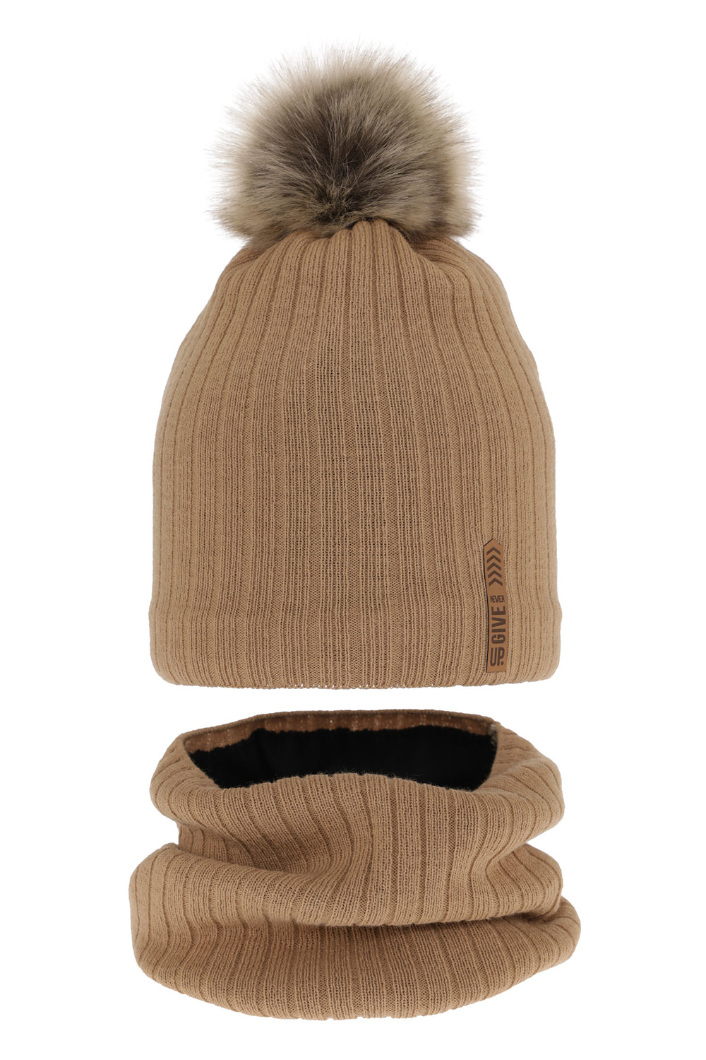 Czapka i komin dla chłopca zimowy komplet, camel, z pomponem, podszyty Kalen