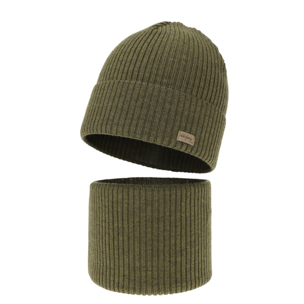 Czapka i komin dla chłopca jesienny, wiosenny komplet, khaki, 100% wełniany merino Intro