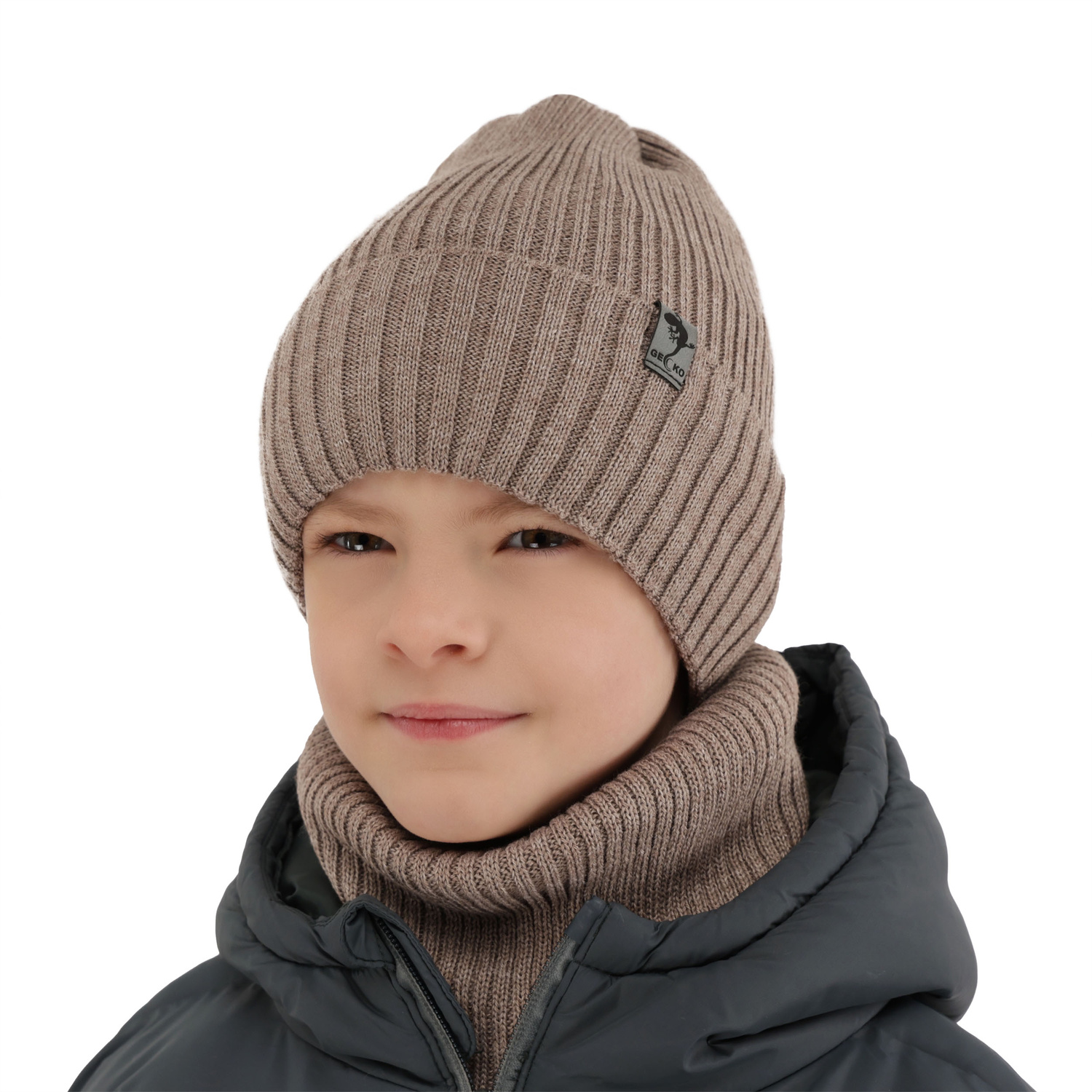 Czapka i komin dla chłopca zimowy komplet, camel, wełniany merino, podszyty polarem Gecko