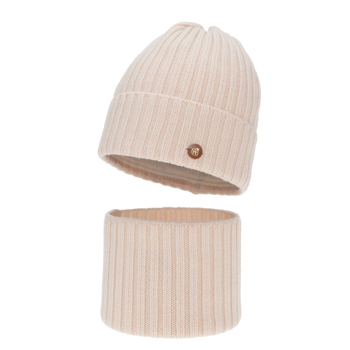 Czapka i komin dla dziewczynki zimowy komplet, jasnoróżowy, 100% wełniany merino, podszyty bawełną Vanira