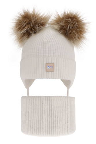 Czapka i komin dla dziewczynki zimowy komplet, biały, z dwoma pomponami, wiązany Kiara