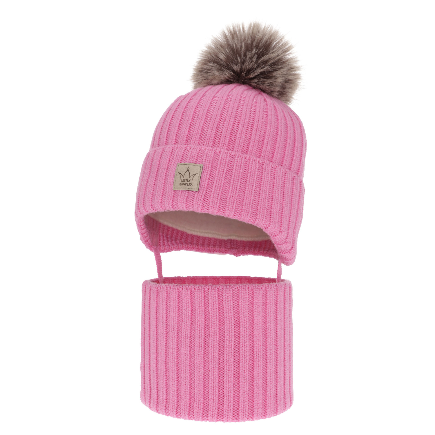 Czapka i komin dla dziewczynki zimowy komplet, różowy, 100% wełniany merino, podszyty wełnianym polarem Martina