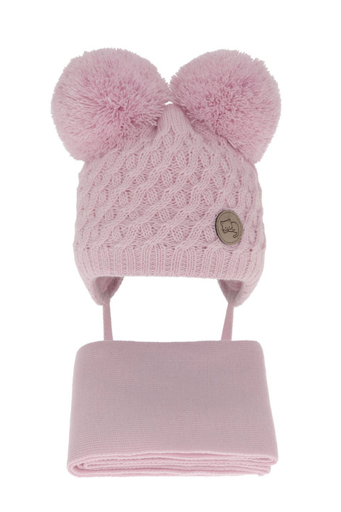 Czapka i szalik dla dziewczynki zimowy komplet, liliowy, z dwoma pomponami, wiązany Anava