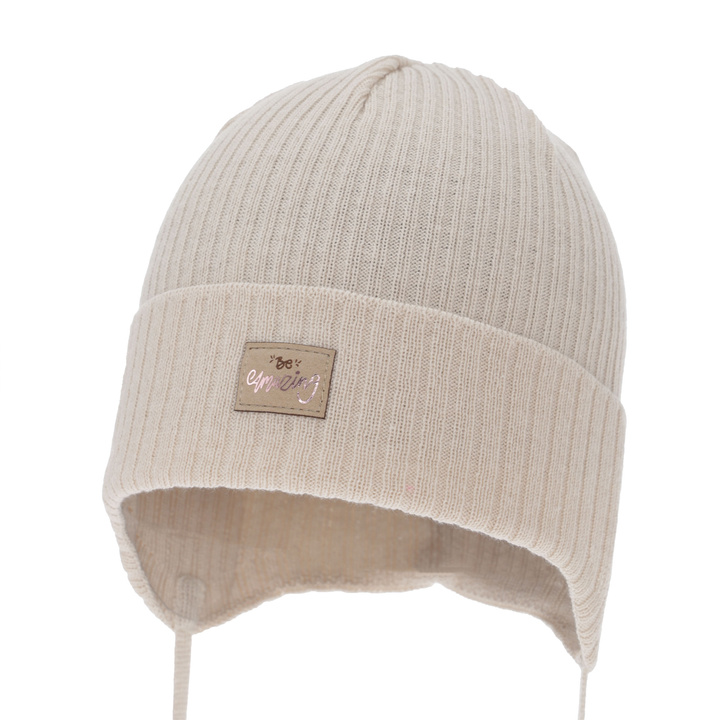 Czapka jesienna, wiosenna dla dziewczynki, beżowa, wiązana, z bawełną Tindra